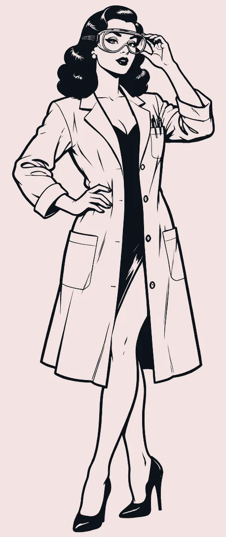 1940s woman scientist in a lab coat lifting her safety goggles