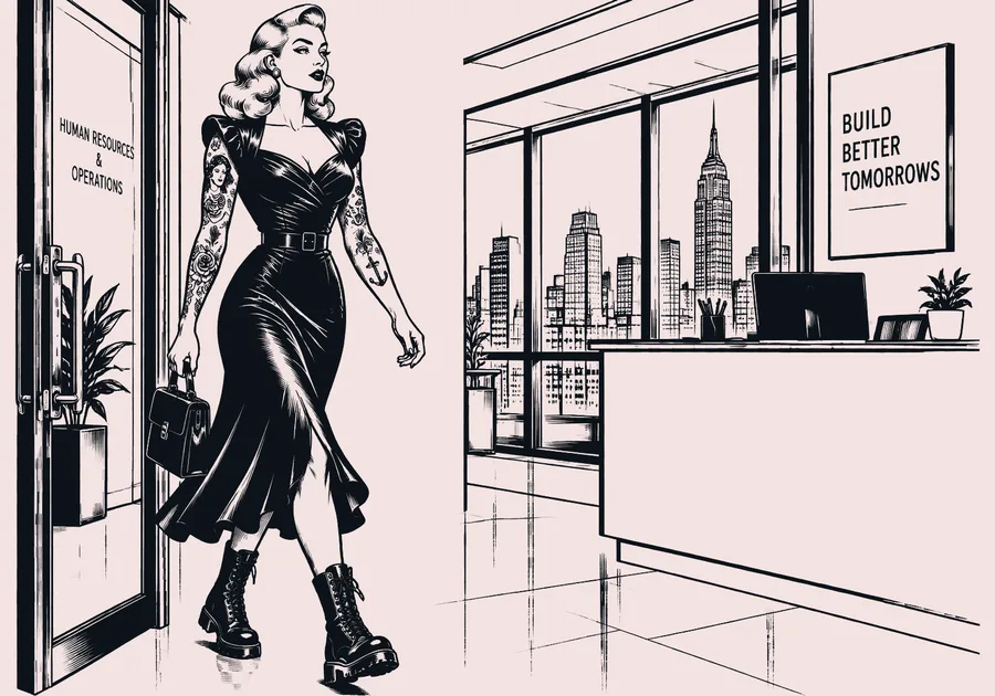 Tattooed woman in a black dress and boots walking out of a Human Resources office