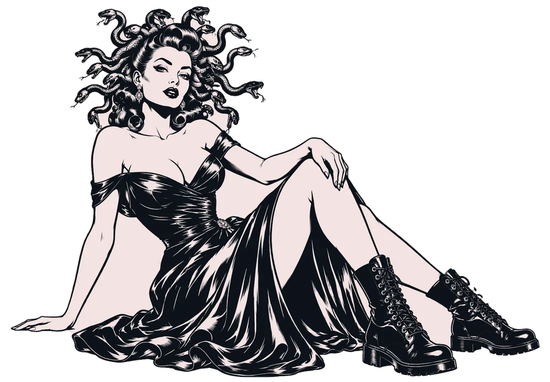 Medusa in a black satin gown and combat boots, lounging with snakes in her hair